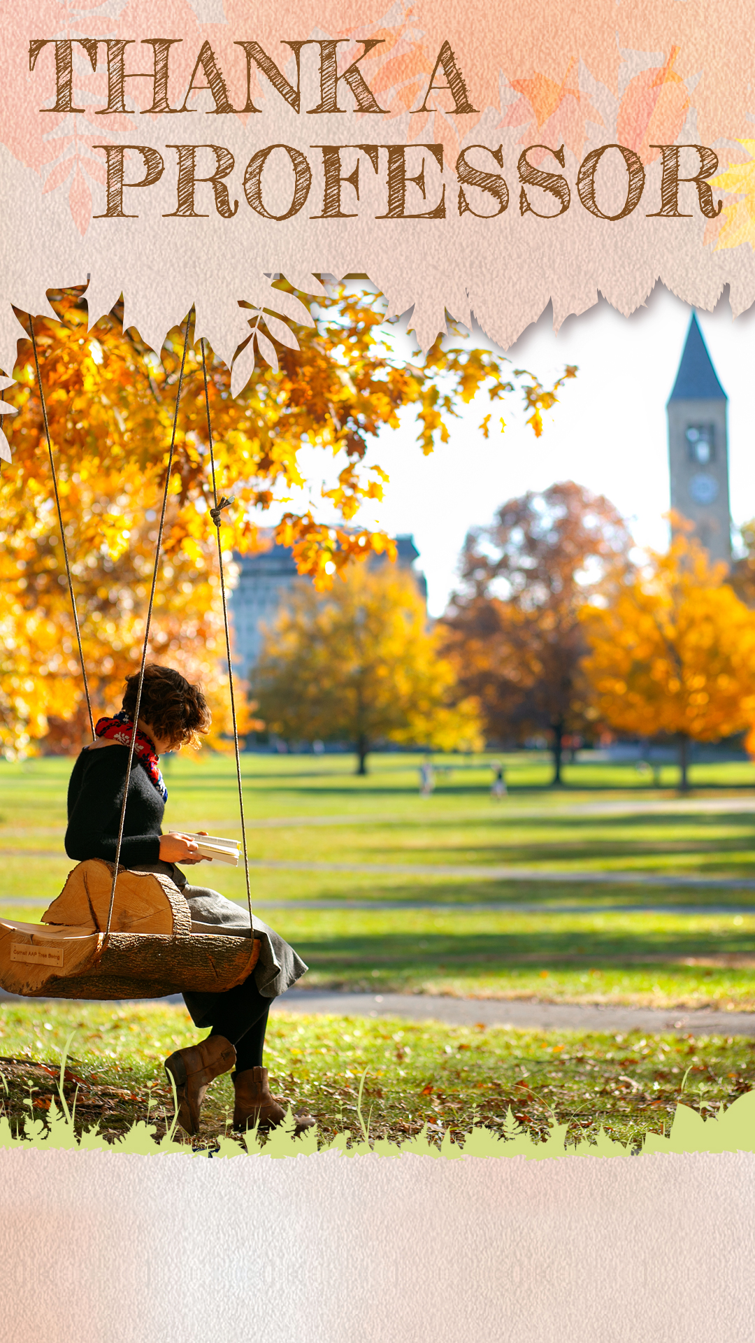 A student sitting on a swing at the Cornell Arts Quad