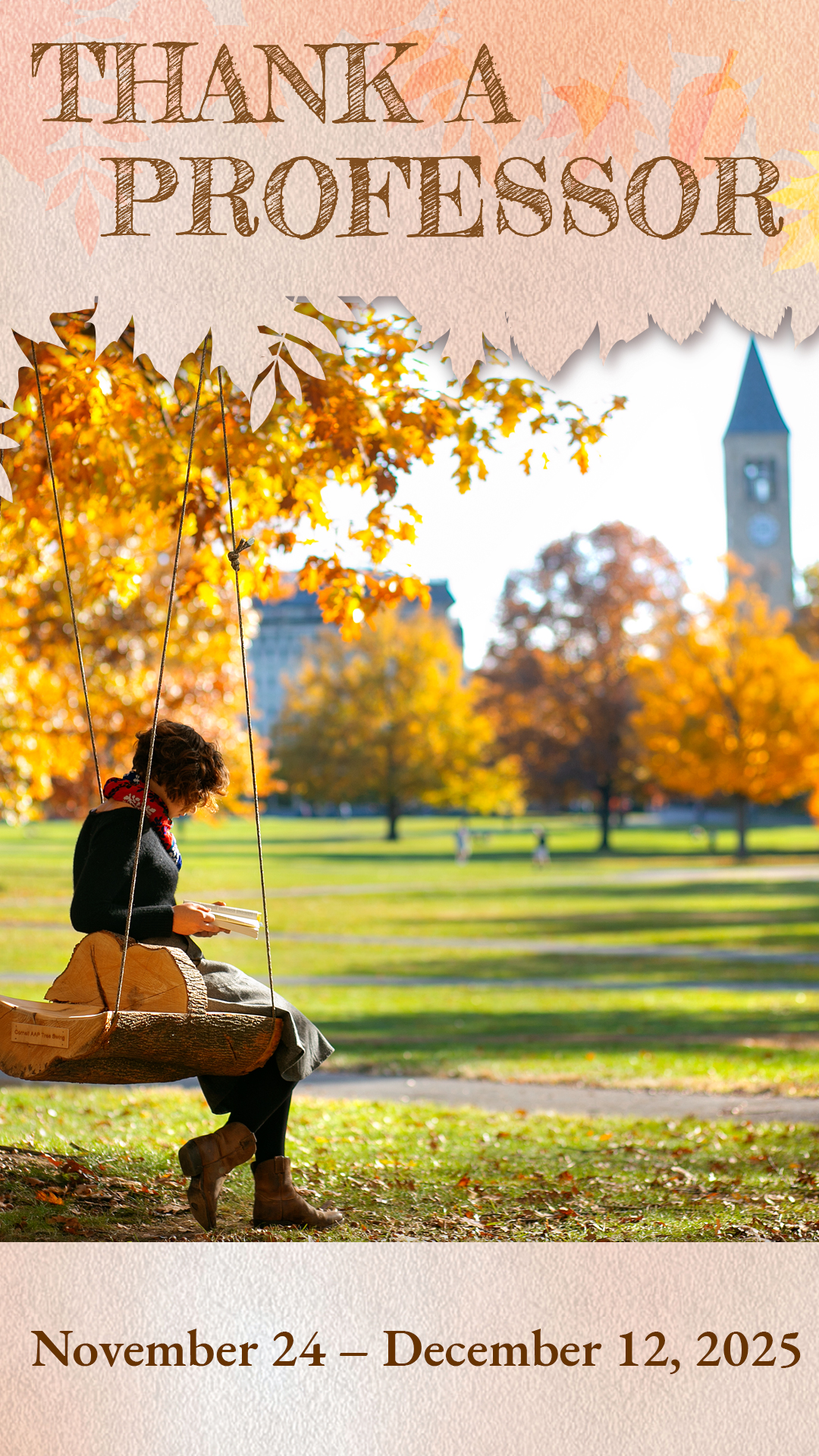 A female student sits on a swing in profile view on the Cornell lawn.