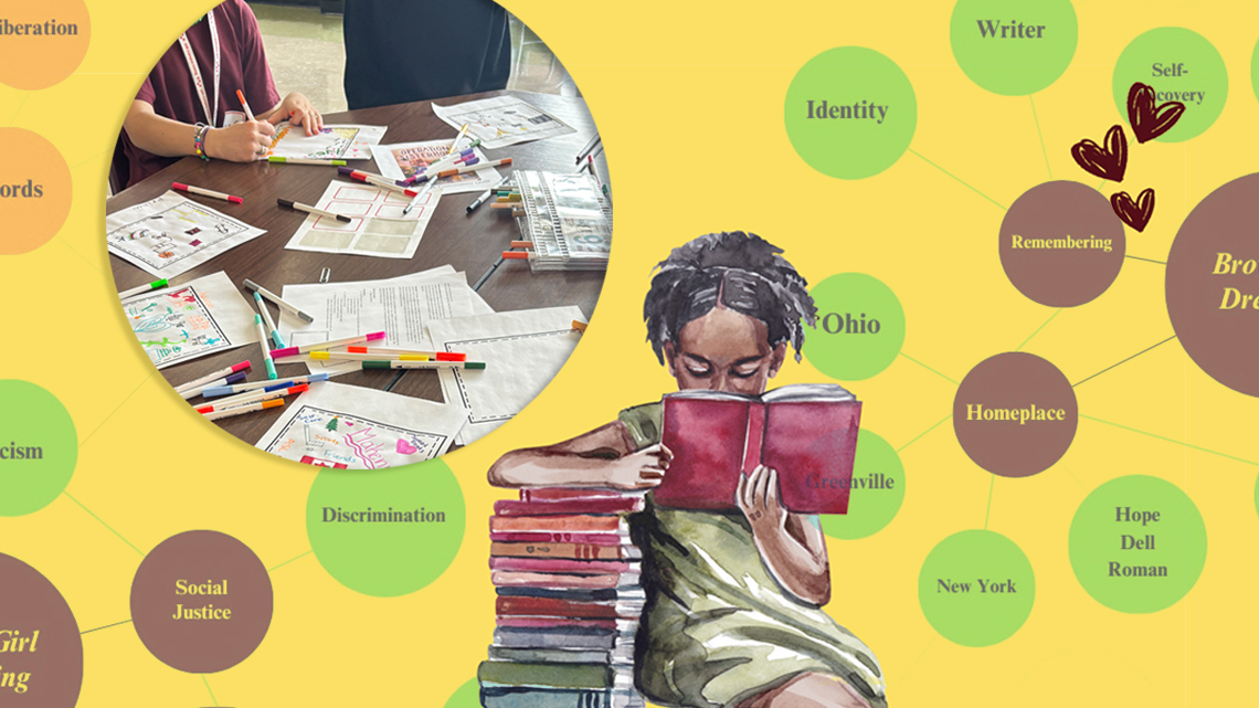 Graphic design from the 2025 guide with a young black girl reading next to a stack of books. Inset photos of student worksheet activity.