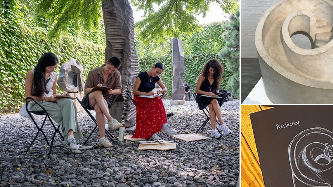 Participants engage with The Noguchi Museum sculpture and explore examples of drawings created in response to reflective prompts.