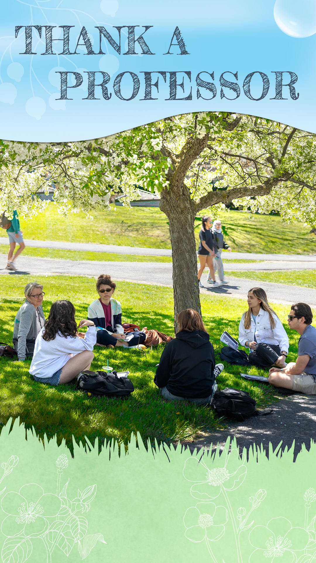 A group of instructors and students gathered on the Cornell lawn during the spring semester.