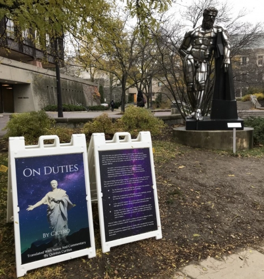 The statue of Hercules outside Statler Hall