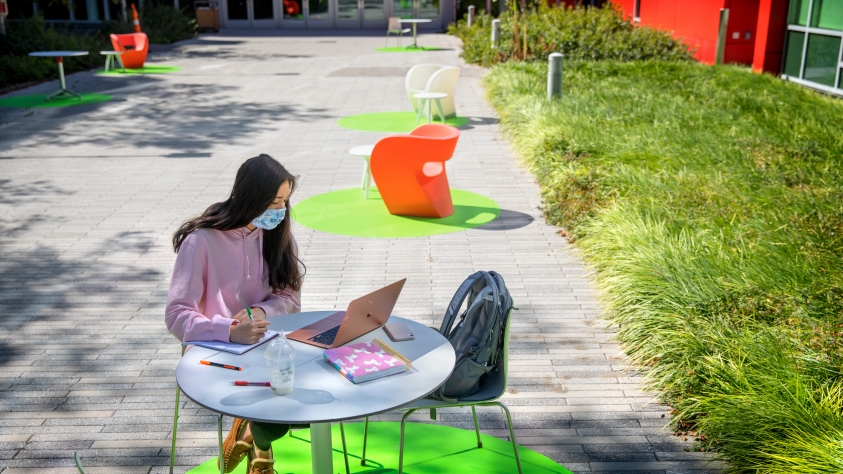 Student studying at outdoor table