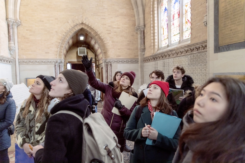 Students explore Sage chapel with instructor Verity Platt