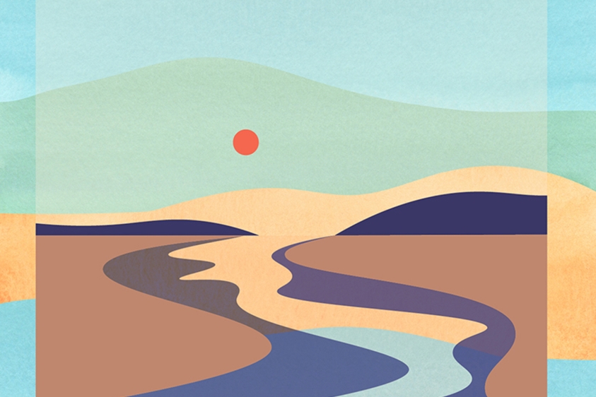 graphic of red sun over blue river