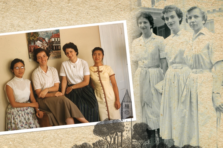 Sepia toned images of women grad students at Cornell circa 1960