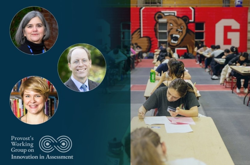 Pictures of three faculty members that will present at the event alongside a picture of students taking an in-person written exam