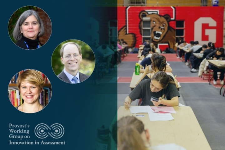 Pictures of three faculty members that will present at the event alongside a picture of students taking an in-person written exam